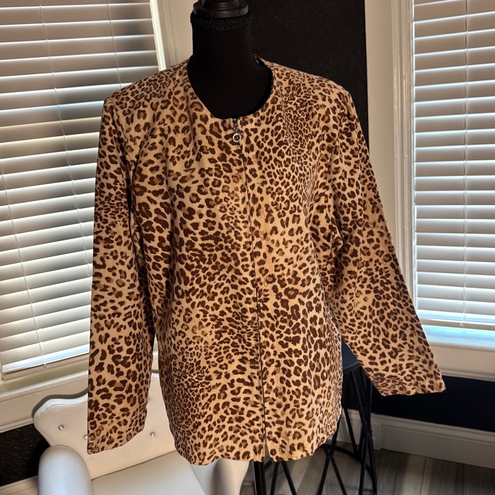 Eccobay Leopard Print Faux Suede Zip Up Jacket Brown Tan Large Rhinestone Pull